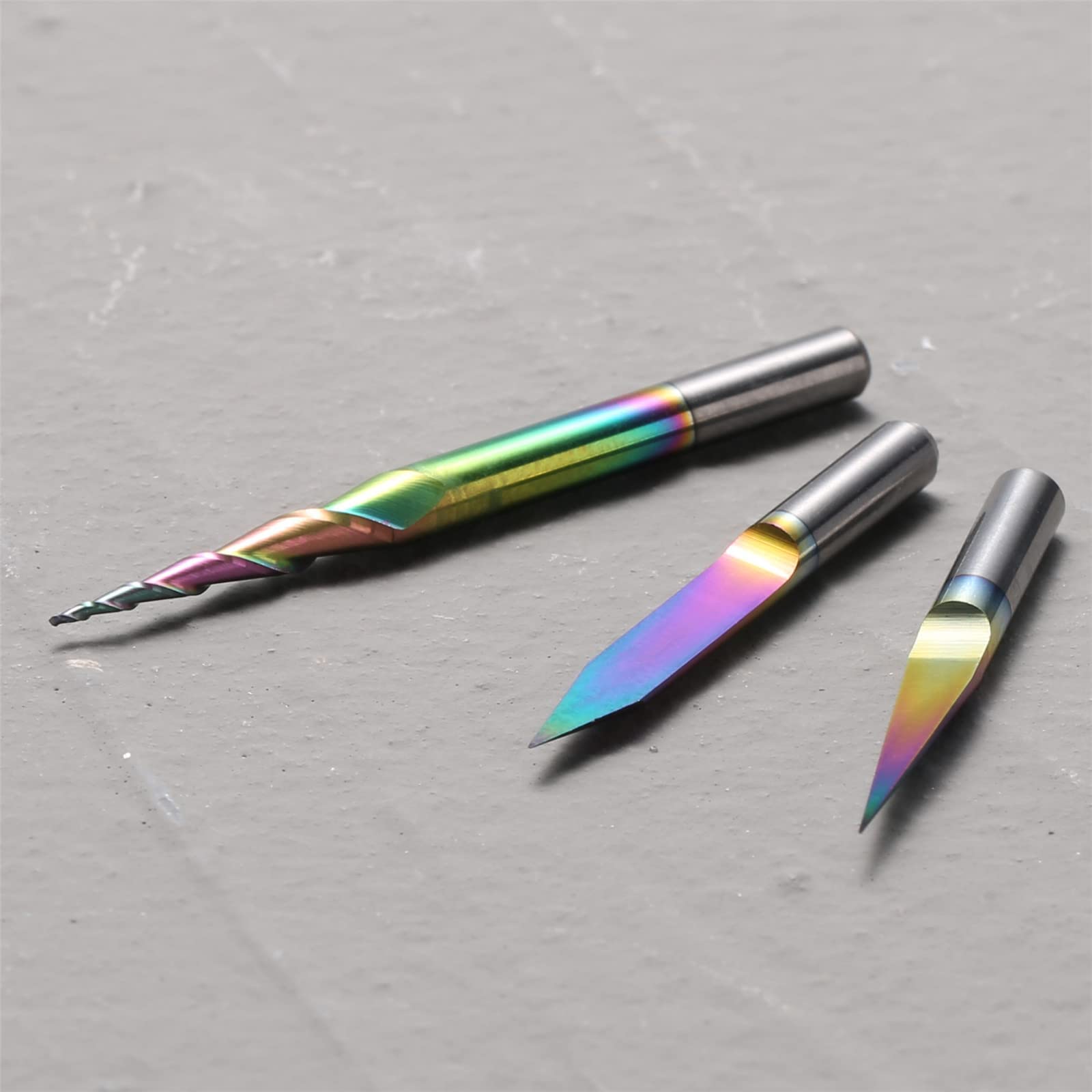 3PCS V-Shape Tapered Ball Nose End Mills for Aluminum, Copper, Brass Engraving and Other Metals Carving, Chromatic Coating CNC Bits, 1/8''(3.175mm) Shank, EM03A