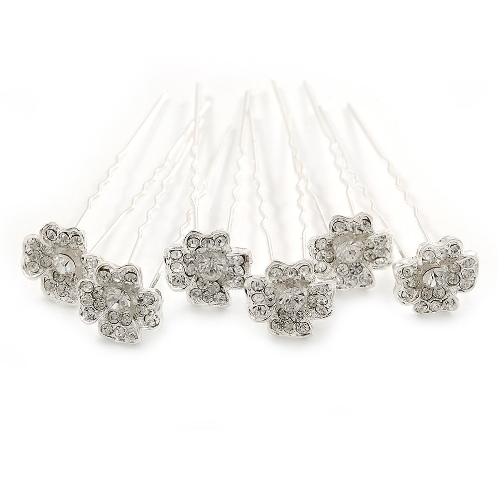 Bridal/Wedding/Prom/Party Set Of 6 Clear Austrian Crystal Daisy Flower Hair Pins In Silver Tone