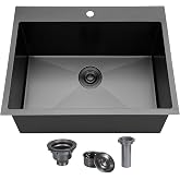 SHACO 25x22 Inch Black Drop In Kitchen Sink, Top Mount 16 Gauge 304 Stainless Steel 8 Inch Deep Laundry Utility Sink, Gunmetal Black Single Bowl Topmount Overmount Sink