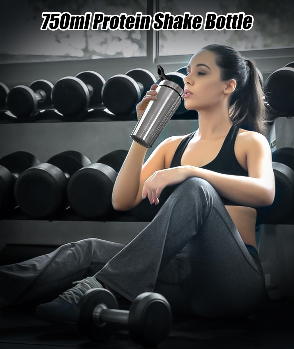 Edelstahl Shaker Proteinshake mit Kugel 750ml Protein Becher Eiweiß Flasche to go Milchshake Blender Metall Bottle, Gym Fitness Sport Shake Schüttler Cup Schüttelbecher Trinkflasche Spülmaschinenfest 2