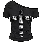 BEAUDRM Women's Y2k Cross Rivet T Shirt Grunge Punk Off The Shoulder Short Sleeve Going Out Tops Streetwear
