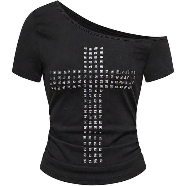 Milumia Women's Y2K Gothic Cross Rivet Tee Tops Vintage Cut Out