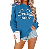 Cat Mom Sweatshirt Women Cute Cat Long Sleeve Shirts Crewneck Loose Fit Sweatshirts Fall Pullover Sweatshirt Blouse