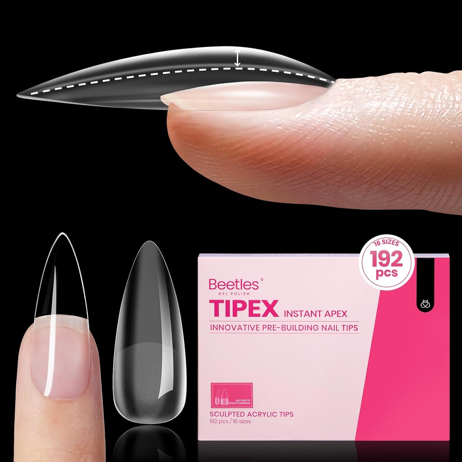 Beetles Tipex Instant Apex Nail Tips, 192Pcs Medium Stiletto Acrylic Nails Pre-Building Pre-Etched Thicker Gel Nail Tips - 16 Sizes Strong Full Cover for Women