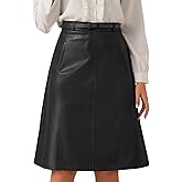 Allegra K Faux Leather Skirts for Women 2026 High Waisted A-Line Elegant Dressy Casual PU Midi Skirt with Belt