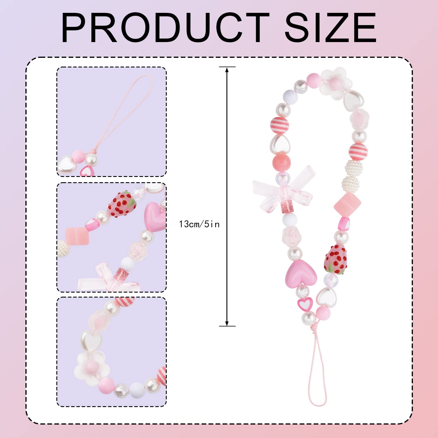 2pcs Cute Beaded Cellphone Straps Charms Butterfly Phone Lanyard Flower Phone Chain Strawberry Wrist Strap for Girls Woman (White and Pink)