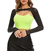 Century Star Mesh Crop Tops for Women See Through Shrug Long Sleeve Open Front Fishnet Cover Up Sexy Rave Outfits Sheer