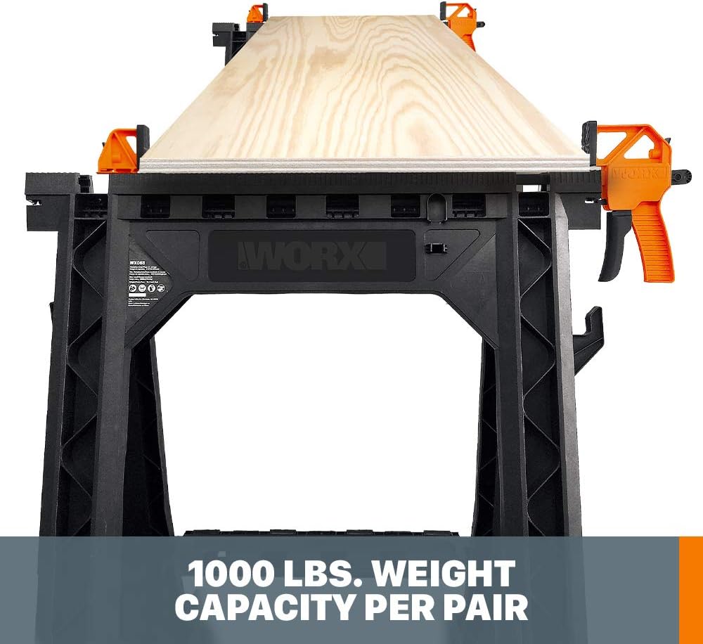 WORX Clamping Sawhorse Pair with Bar Clamps, Built-in Shelf and Cord Hooks – WX065 - - 