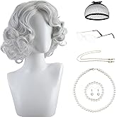 LALASAM Old Lady Grey Short Curly Grandmother Madea Costume Gray Wigs with Glasses Pearl Chain,Necklace,Pearl Bracelet,Earring, Caps 7 Peice Set