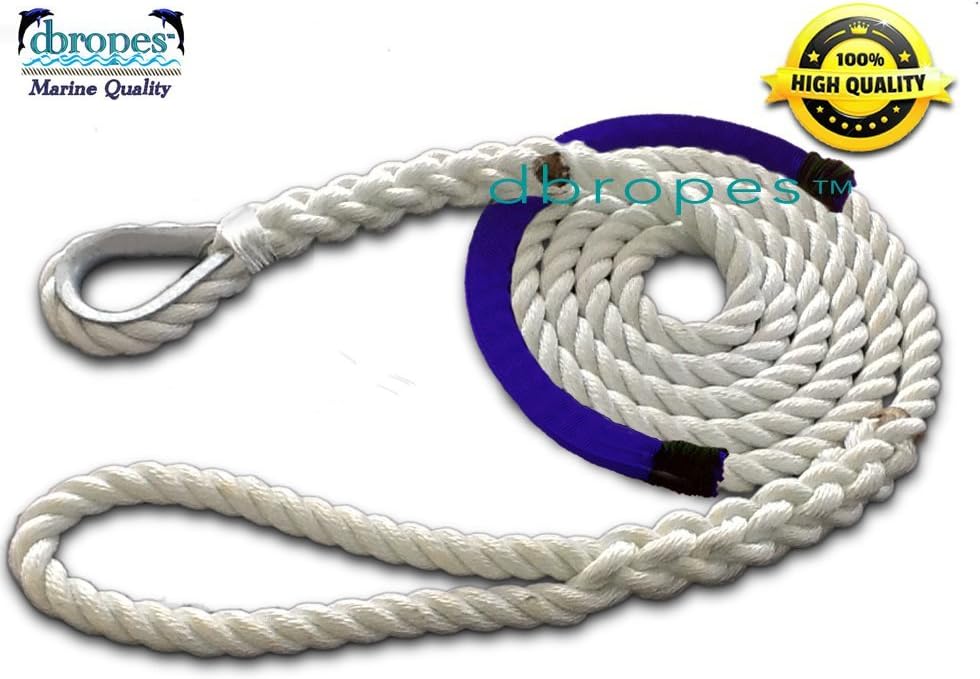dbRopes 3 Strand Mooring Pendant 100% Nylon Rope 5/8 X 10 Ft with Thimble and Blue Chafe Guard. Tensile Strength 10400 Lbs. Made in USA