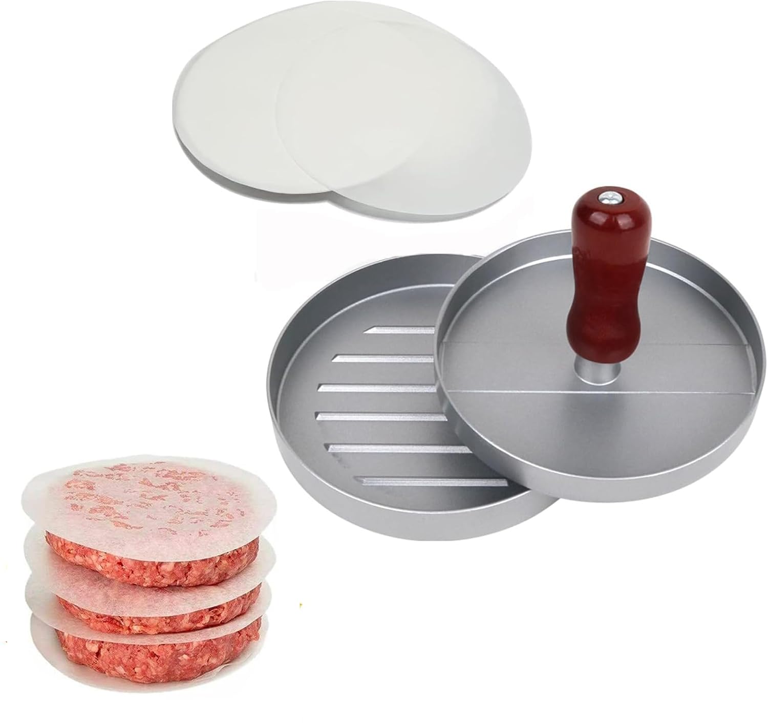 winmiya Aluminum Burger Press with 100 Wax Paper Non-Stick Meat Patty Hamburger Press Burger Maker for BBQ Baking Stuffed Burgers Beef Burger