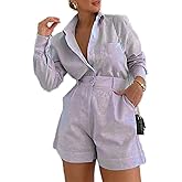 Unybwonn Shorts Sets Women 2 Piece Outfits Casual Long Sleeve Button down Blouses Shirts Tops High Waisted Shorts Set