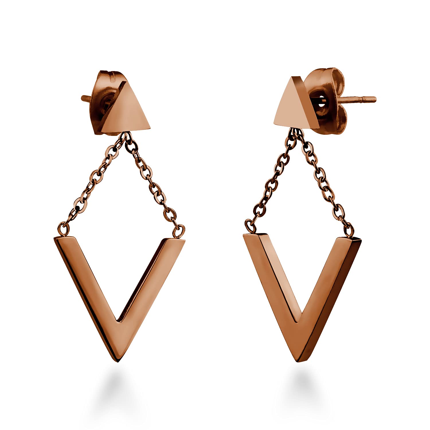 555Jewelry Womens Stainless Steel Metal Edgy Geometric Triangle V Shape Chain Drop Hanging Stylish Minimal Push Back Stud Fashion Accessory Costume Jewelry Earrings, Coffee