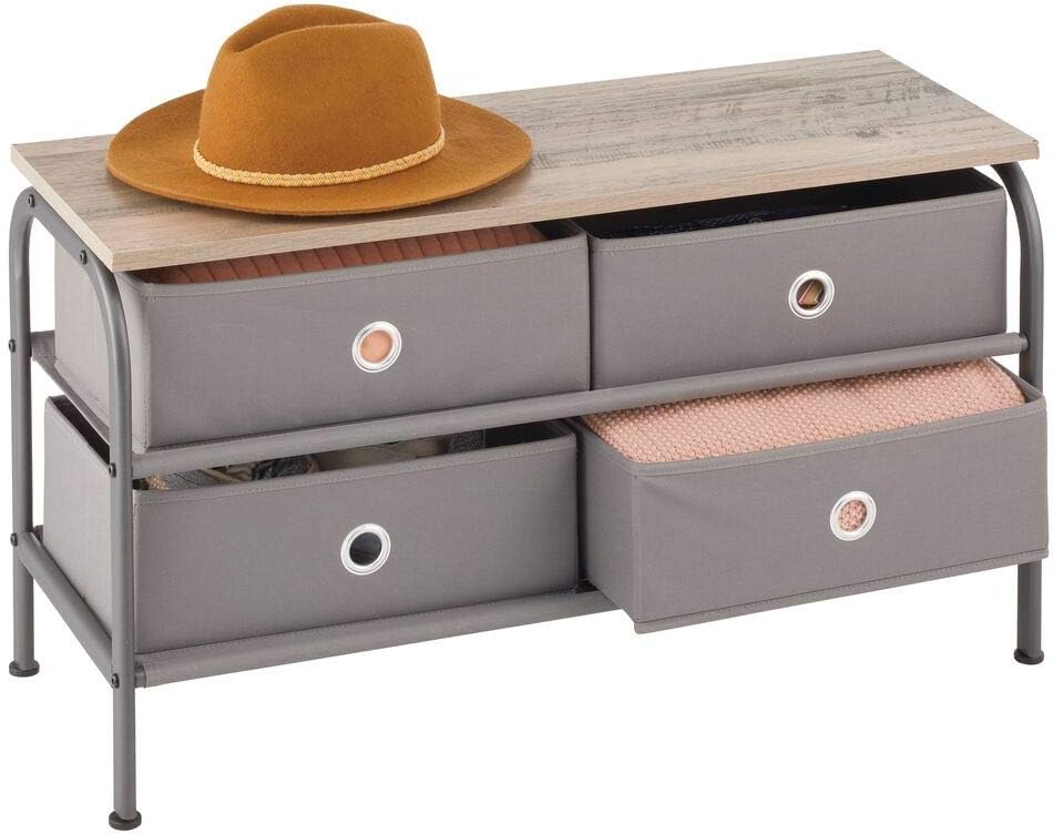 mDesign Storage Bench with 4 Drawers - Sturdy Steel Frame, Wood Top, Easy Pull Fabric Bins - Organizer Unit for Bedroom, Hallway, Entryway, Closets - Dark Gray/Gray: Home & Kitchen