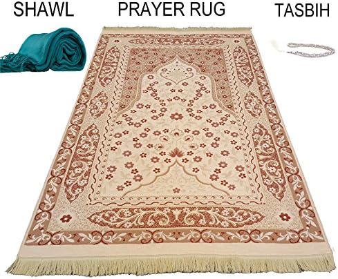 GURJHONS Turkish Prayer Rug with Pashmina Shawl Wrap Scarf and 99 BEADS MUHAMMAD ALLAH TASBIH, Zikir , Haj , Tasbeeh , Subha , Misbaha Beads (TASLI)