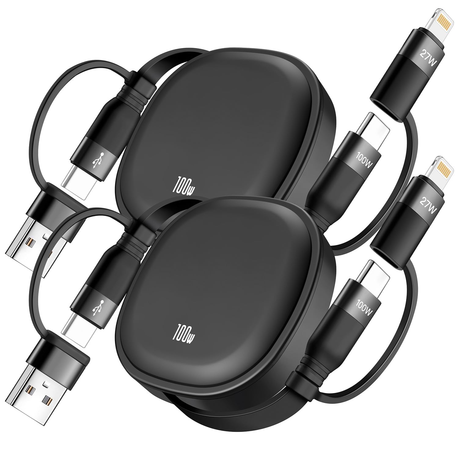 Photo 1 of 5 in1 Retractable USB Type C Cable 100W, 2Pack Multi Charging Cable 5A Fast Charging Cord USBC Cable with USB A+C to L/C Travel Essentials Charger for iPhone Series,Samsung Galaxy,MacBook,iPad(3.86ft)