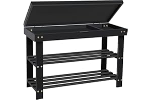 BAMBUROBA Shoe Rack Bench for Entryway,3-Tier Bamboo Small Bench with Storage Drawer,Shoe Shelf Organizer Indoor Outdoor Use,Black