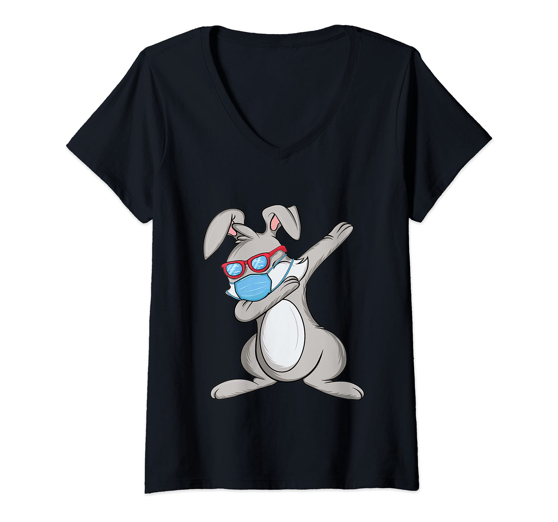 Womens Dabbing Easter Bunny Wearing Face Mask V-Neck T-Shirt