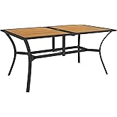 Outsunny Outdoor Dining Table with Umbrella Hole, Rectangular Patio Dining Table for 6 with Steel Frame and Wood-Like Plastic