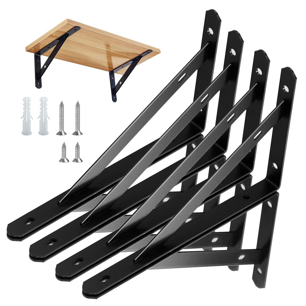 Shelf Brackets Heavy Duty Triangle Shelving Brackets Right Angle Wall Mounted Shelf Supporters Easy to Install Wall Bracket for Shelf，Accessories Included,8 inches 8 Pack (Black)