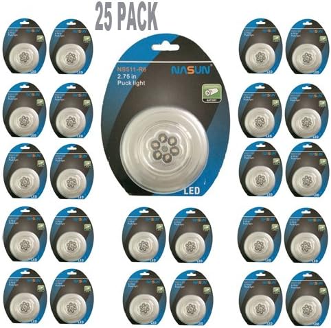 NASUN (1-Pack 25Sets) LED Puck Light, Wireless Battery - Operated, 6-LED Closets Cabinets Light, Push Light Stick-on Anywhere for Kitchen, Storage Room, Hallway, Attics, Bedroom, Bookshelf (Silver)