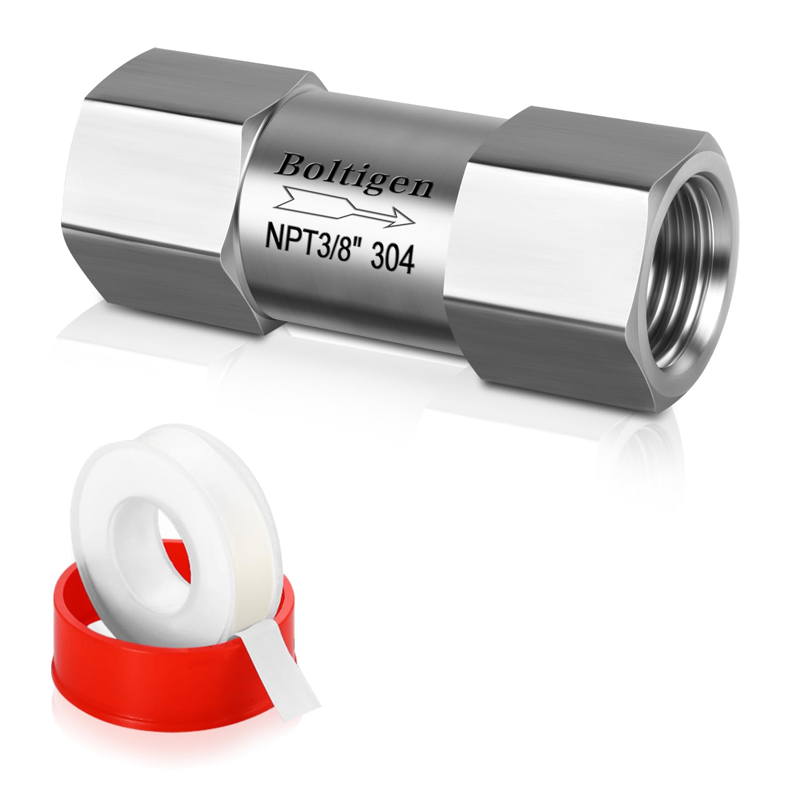 Photo 1 of Boltigen Stainless Steel 304 3/8" NPT Spring Check Valve, 1000 PSI, -20C to 200C, Inline Poppet Check Valve for Horizontal, Vertical Installation