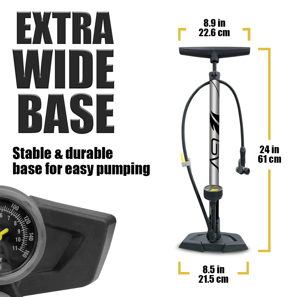 BV Bicycle Pump Durable Bike Floor Pump 17/24 inch Smart Valve Head, 160 psi, Automatically Reversible Presta and Schrader