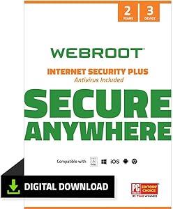 Webroot Internet Security Plus with Antivirus Protection Software | 3 Device | 2 Year Subscription | PC Download