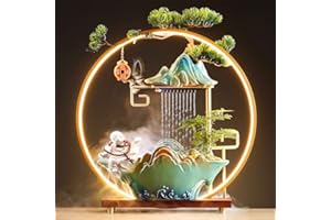 HSINYA Tabletop Buddha Water Fountains Indoor Waterfall with LED Light Desktop Fountain for Meditation with Mist Japanese Fountain with Fake Plants Feng Shui Office Home Decor for Good Luck Wealth