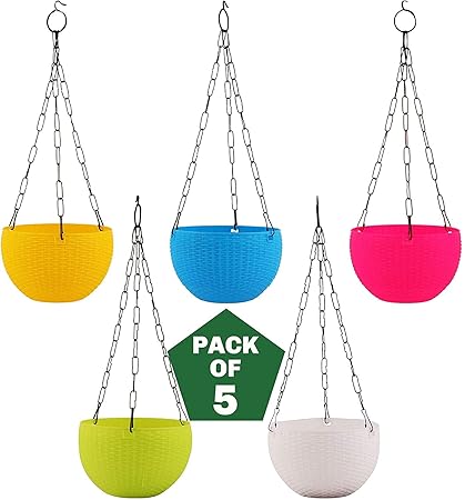 HELIRIOUS Hanging Baskets Rattan Waven Flower Pot with Chain for Garden Balcony Decoration (Multicolor) 5 Pieces