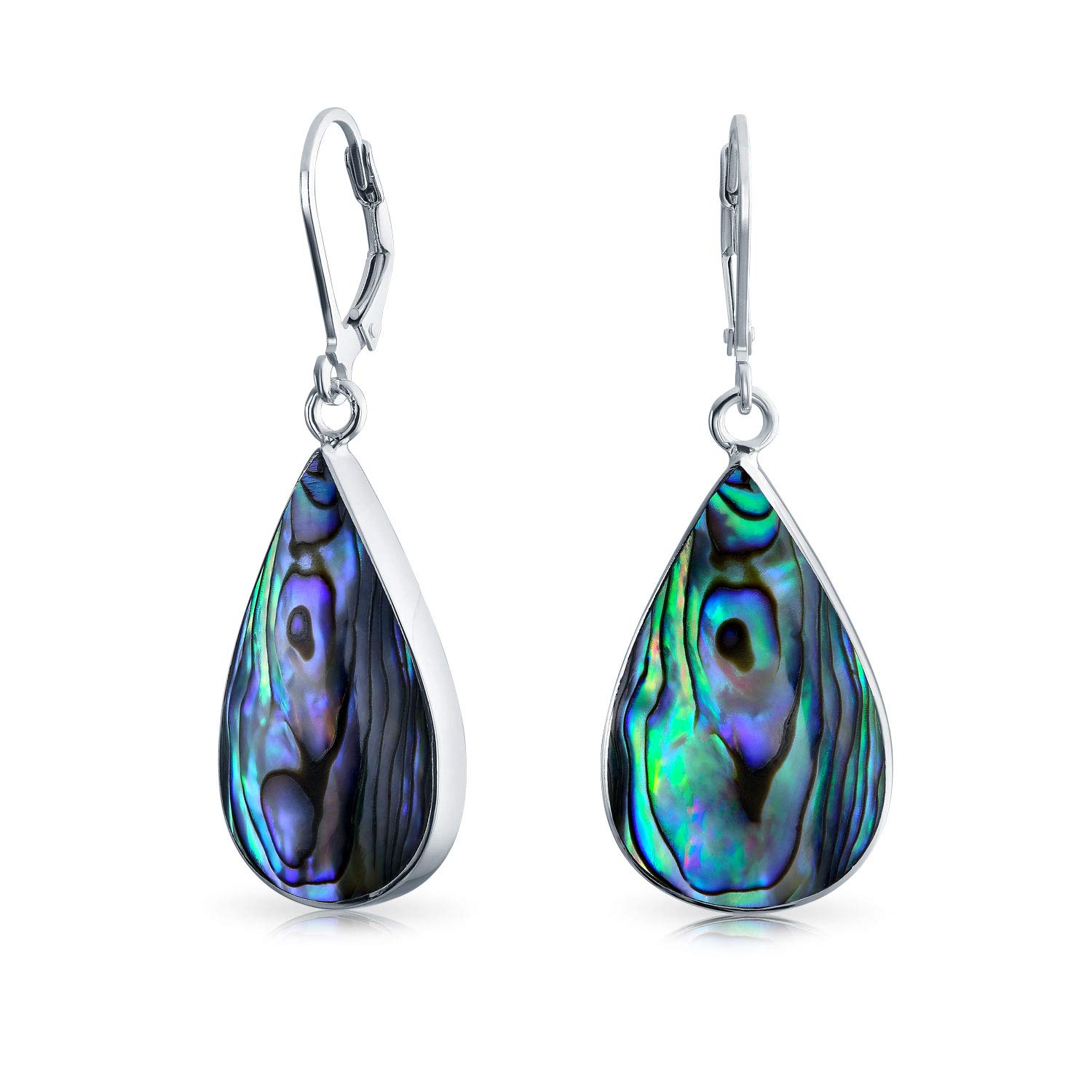 Large Iridescent Rainbow Abalone Shell Natural Pear Shaped Teardrop Dangle Lever back Earrings For Women Teen .925 Sterling Silver — image 1