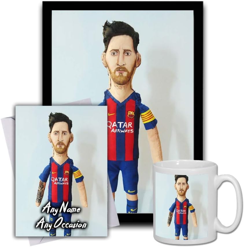 Star Prints UK Lionel Messi Barcelona Argentina (V4) Gift Set Bundle 2019 - Large 11cm Mug, A4 Framed Poster and Matching Birthday or Valentines Card (Personalised Card)