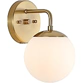 JONATHAN Y 5.75" Brass Gold Modern Globe Wall Sconce Vanity Light for Bathroom, White Frosted Glass Shade, Midcentury Parisia