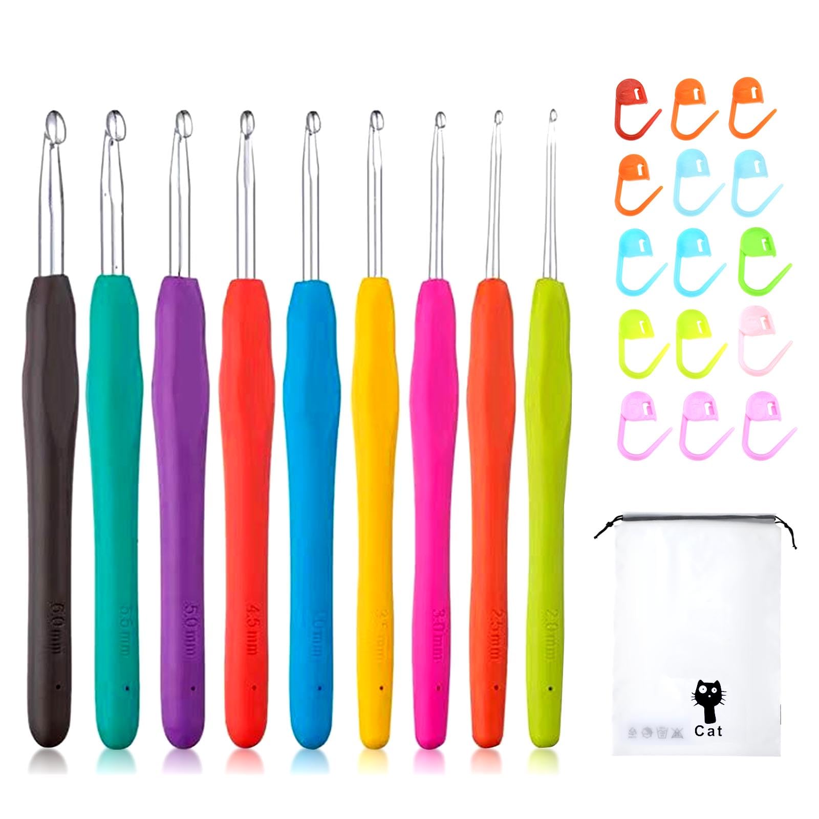 GWAWG Crochet Hooks Set for Beginners 9Pcs Aluminum Knitting with 15 Crochet Hooks in Random Colours Ergonomic Soft Grip Rubber Handles Crochet Kits