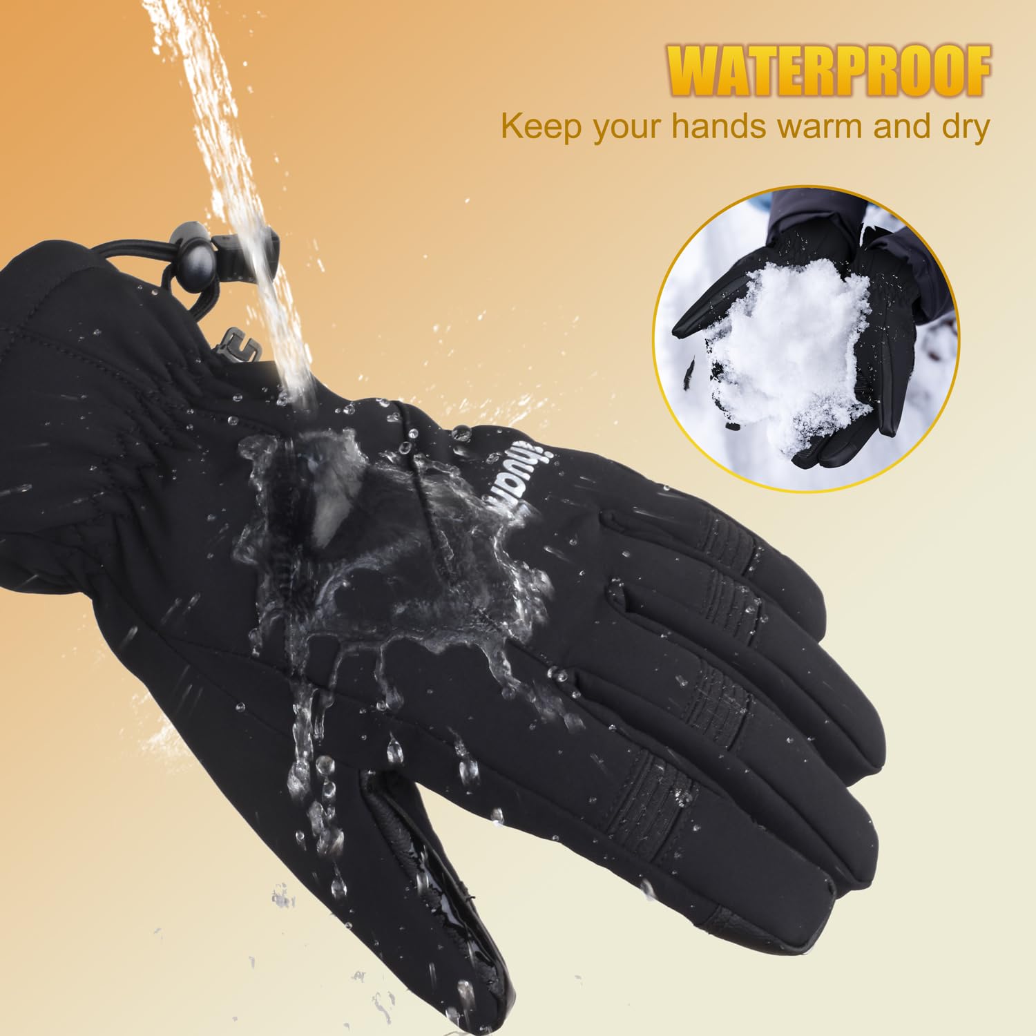 ihuan Waterproof Ski Gloves,Winter Snow Glove-Cold Weather for Women Men Warm Thermal Touch Screen, Motorcycle Driving Hiking Cycling