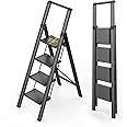 WOA WOA 4 Step Ladder for 10 Feet High Ceiling, Lightweight Foldable Ladder with Non-Slip Wide Pedals, Step Stool with Safe Handrail, Space Saving for Home, Kitchen, Indoor & Outdoor 300lbs - Black