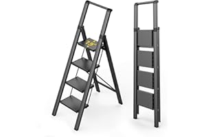 WOA WOA Step Ladder, 4 Step Ladder with Widen Pedals, Lightweight Folding Step Ladder for Home, Aluminum Ladder with Anti Slip Feet, Kitchen Ladder for High Cabinet 330 lbs Load - Black