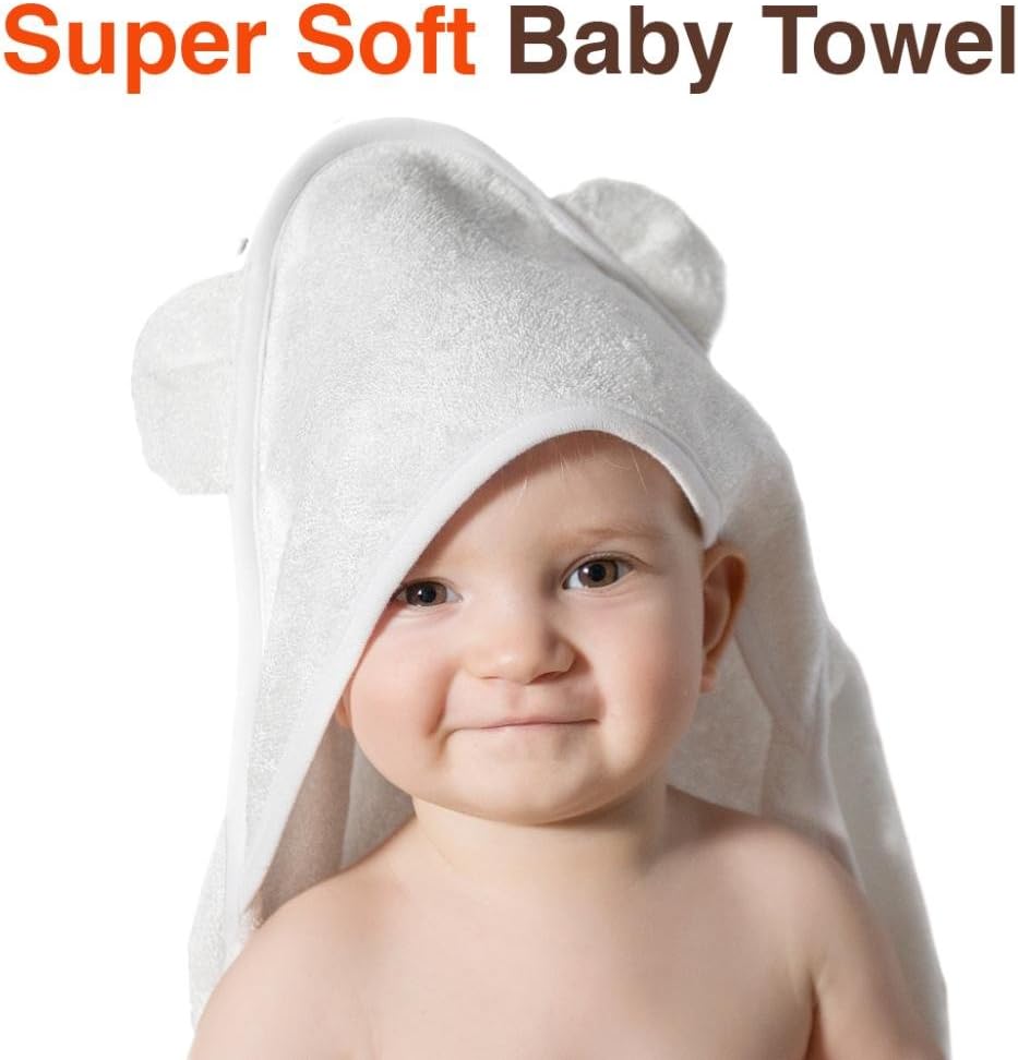 Organic Bamboo Baby Hooded Bath Towel and Washcloth with Bear Ears | Soft Great for Infant/Newborn/Toddler/Boy/Girl/Shower Present