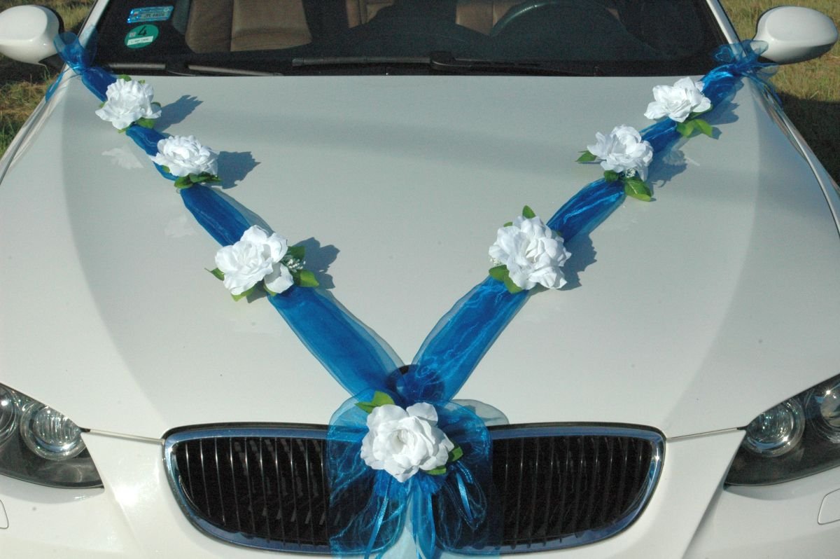 Autoschmuck Organza M Auto Schmuck Braut Paar Rose Deko Dekoration Hochzeit Car Auto Wedding Deko (Reinweiß/Blau)