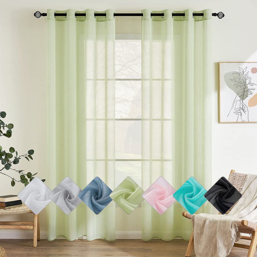 EMEMA Set of 2 Sheer Voile Curtains with Eyelets Transparent Voile Polyester Eyelet Curtain Transparent Living Room Airy Decorative Curtain for Bedroom 140 x 145 cm (W x H) Green