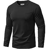 EKLENTSON Men's Cotton T-Shirts Long Sleeve Pocket Tee Crewneck Moisture Wicking Casual Tshirts Solid Color
