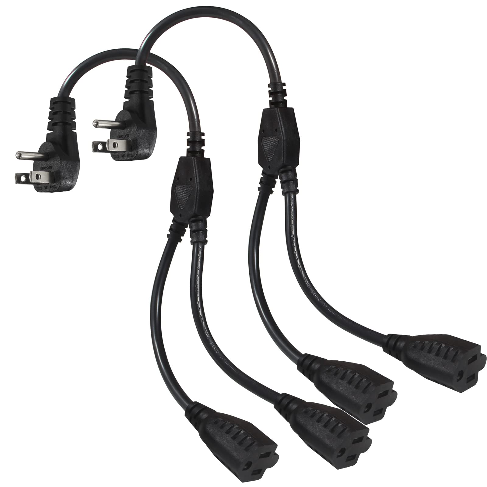 Photo 1 of Power Cord Extension Y Splitter - 1 to 2 Way Outlet Adapter NEMA 5-15P 90-Degree Flat Plug to 2 X NEMA 5-15R with SJT 16AWG 3-Prong Cable Wire Extender Space Saver for Home Office Appliance 2-Pack