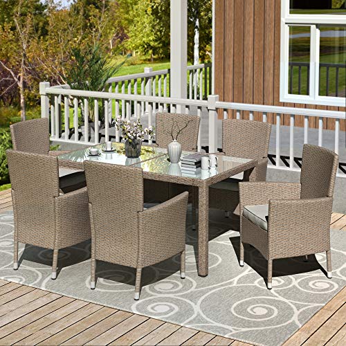 Baysitone 7PCS Patio Wicker Dining Set, Rattan Glassed Table Chair Sets/Outdoor Patio Wicker Rat ...
