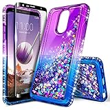 LG Stylo 4 Case, LG Stylo 4 Plus Case, LG Q Stylus w/[Full Cover Tempered Glass Screen Protector], NageBee Glitter Liquid Quicksand Waterfall Flowing Sparkle Shiny Diamond Girls Cute Case -Purple/Blue