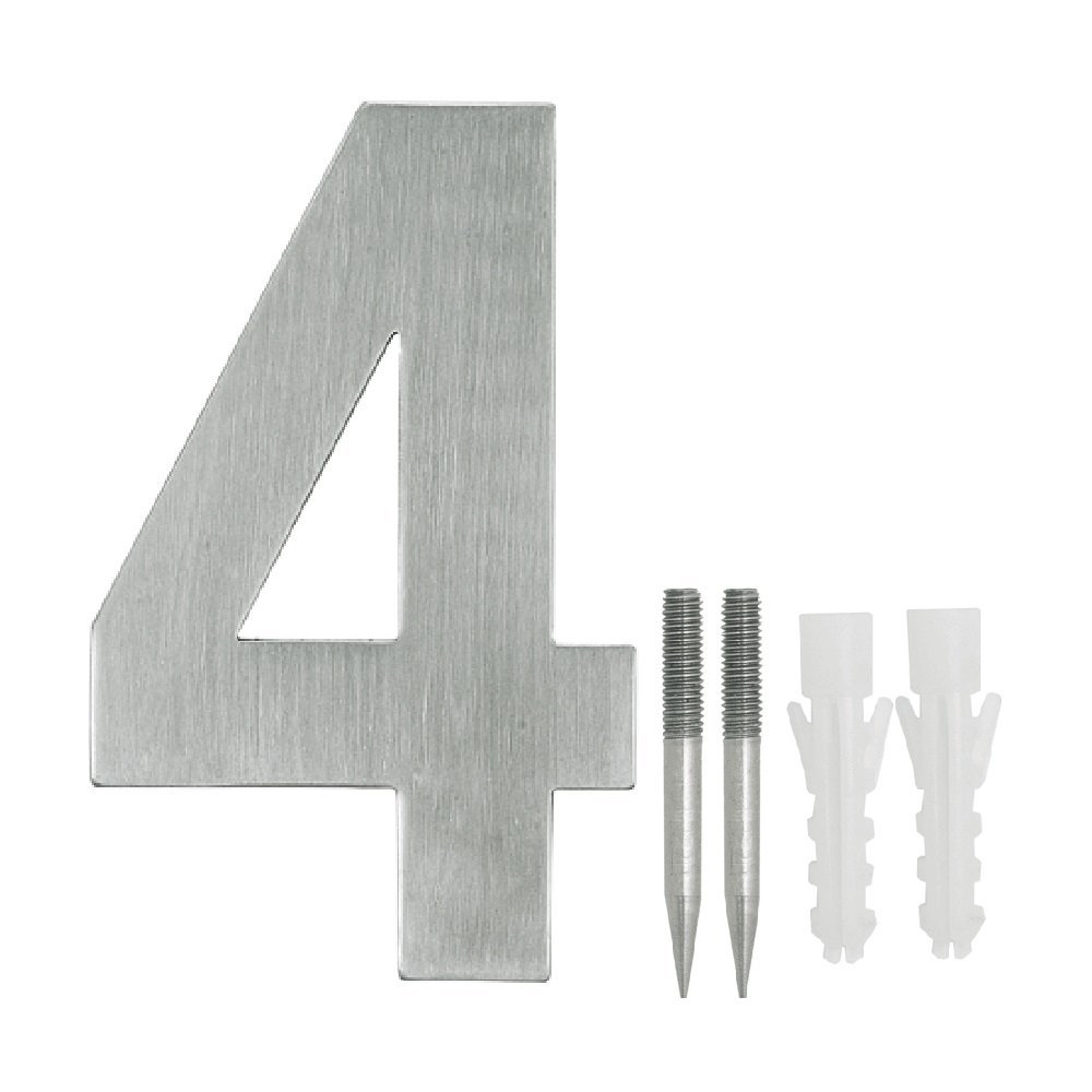 NUZAMAS Door Numbers Plaques 4, Stainless Steel Hotel House Address Plaque Digits Plate Signs Street Numbers, Wall Mounted, 10.8cm Width 15cm High, Installation Kit Included