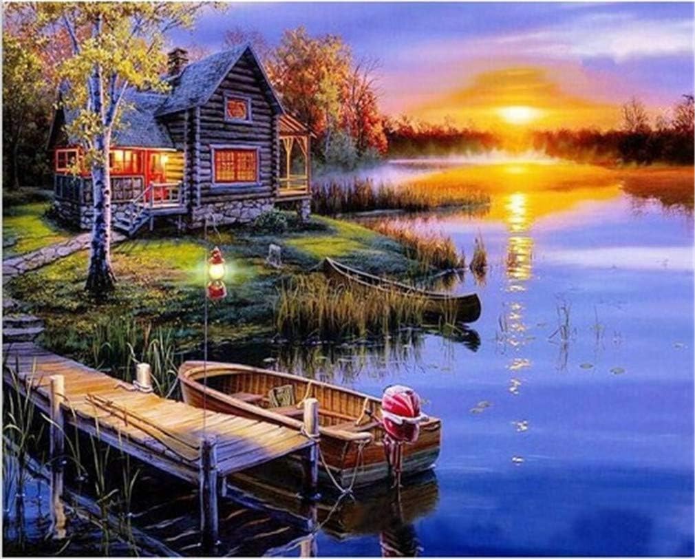 YEESAM ART Paint by Numbers for Adults Beginners Forest Sunset View & Lake House Boat 16x20 inch Linen Canvas Acrylic DIY Number Painting Kits Wall Art Decor Gifts