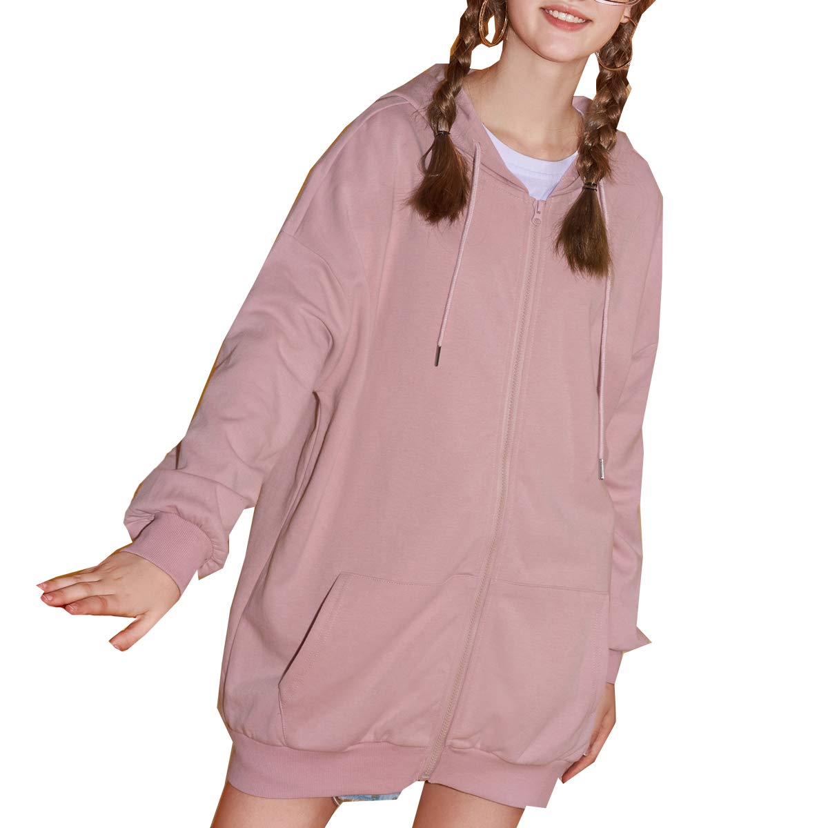 Women\'s Full Zip Hoodie Loose Casual Sweatshirts (Pink, Medium)