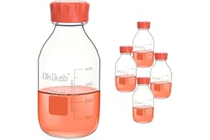 Okulab 4pcs of 500ml(17oz) Round Media Storage Bottles, 3.3 Borosilicate Glass, with GL45 Screw Caps in PP Materia, GL45RB500A4