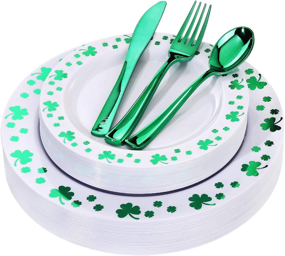 WDF 125pcs Plastic Plates with Shamrock Clover& Disposable Plastic Silverware - Premium White and  Green Plastic Dinnerware for Wedding &Parties, Special for St. Patrick’s Day
