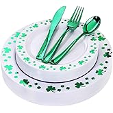 WDF 125pcs St. Patrick’s Day Plastic Plates with Shamrock Clover & Disposable Silverware - Premium White and Green Plastic Dinnerware for Wedding &Parties, Special for St. Patrick’s Day